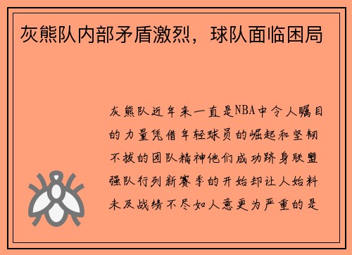 灰熊队内部矛盾激烈，球队面临困局