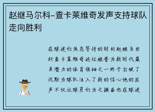 赵继马尔科-查卡莱维奇发声支持球队走向胜利