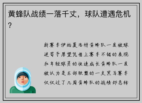 黄蜂队战绩一落千丈，球队遭遇危机？