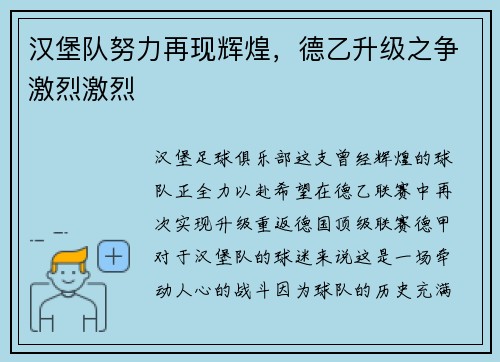 汉堡队努力再现辉煌，德乙升级之争激烈激烈