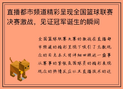 直播都市频道精彩呈现全国篮球联赛决赛激战，见证冠军诞生的瞬间